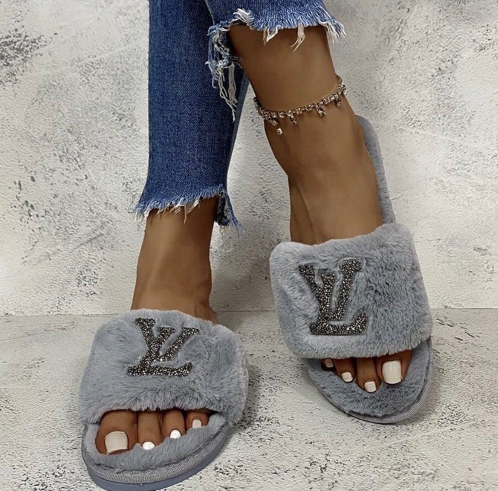 Ladies Luxury LV Slippers  Grey | Etsy | Etsy (US)