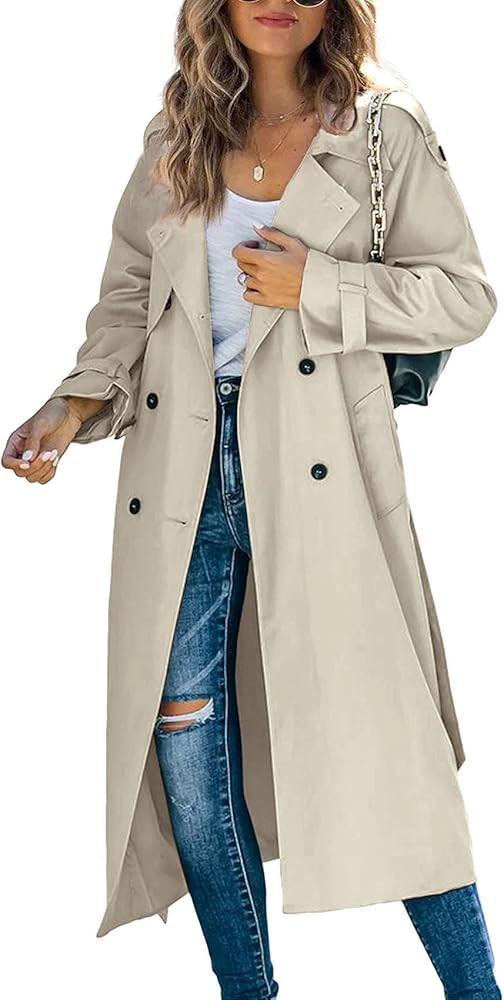 Makkrom Women's Double Breasted Long Trench Coat Windproof Classic Lapel Slim Overcoat with Belt | Amazon (US)