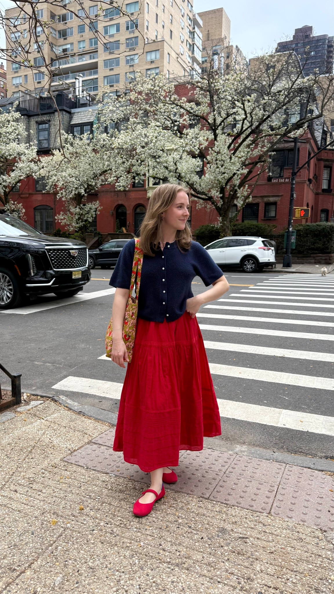 Spring in nyc ootd. On sale red cotton skirt wearing xs petite. Lined & with elastic waist pants XS cashmere bend cardigan. 7 washable flats (size up 1/2)

#LTKPetite #LTKSaleAlert #LTKTravel