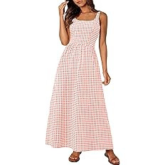 PRETTYGARDEN Women's 2026 Summer Spaghetti Strap Maxi Dresses Plaid Square Neck A Line Casual Bea... | Amazon (US)