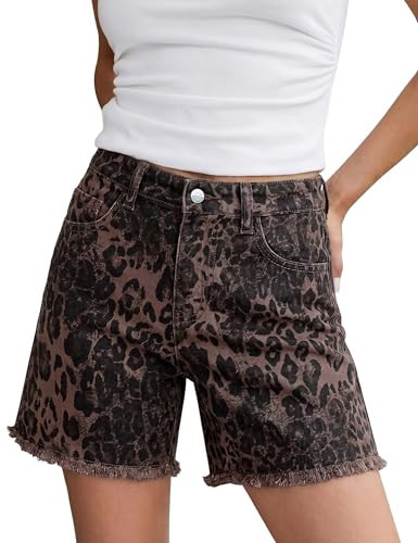 luvamia Jean Shorts for Women Trendy High Rise Mid Thigh Cheetah Leopard Print Raw Hem Stretch Denim Casual Summer Jorts Brown Leopard Size Medium Fits US 8-10 | Amazon (US)