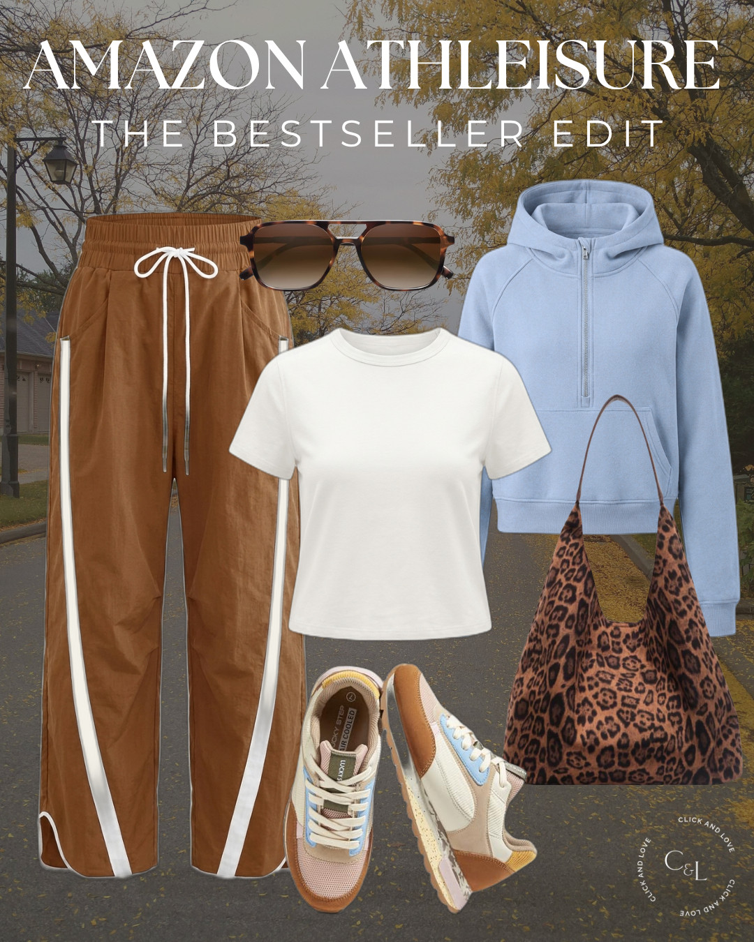 Amazon Athleisure favorites! Loving these brown track pants with a white stripe, a simple white tee and a light blue half zip hoodie. The leopard hobo and retro sneakers give it the best fall vibe. Comfy and so cute! 

 #LTKgrwm #LTKfitnessgoals #LTKActive