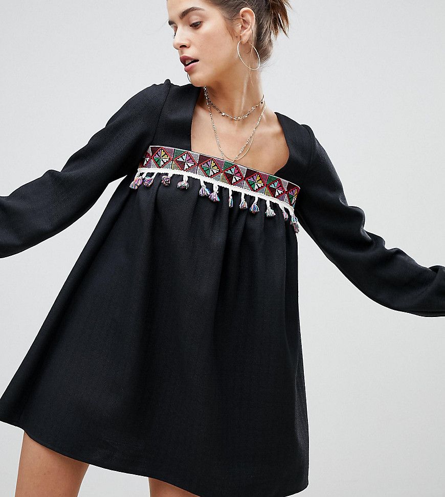 Reclaimed Vintage Inspired Smock Mini Dress With Trim - Black | ASOS US