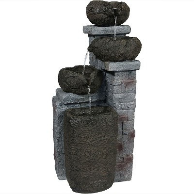 Sunnydaze Outdoor Polyresin Solar Powered Stone Bowls Water Fountain with LED Lights and Backup Battery - 30" | Target