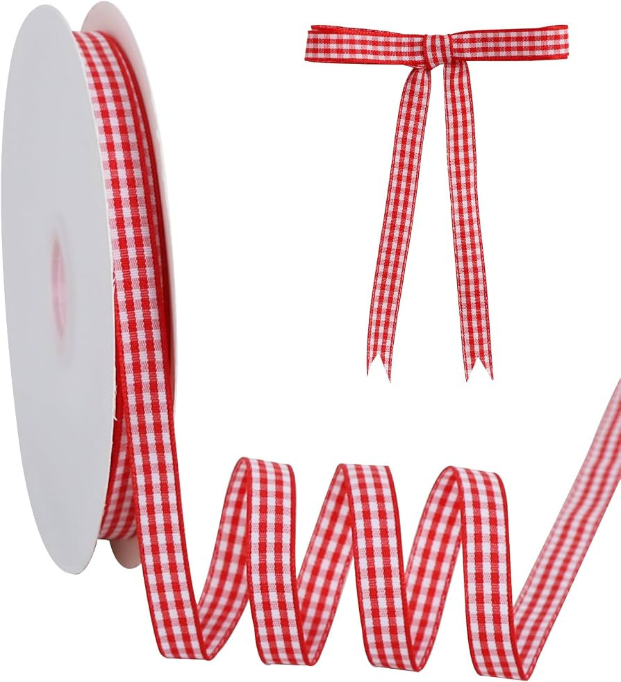 TONIFUL 3/8 Inch x 25 Yards Gingham Buffalo Checkered Ribbon Red and White Fabric Ribbon for Vale... | Amazon (US)