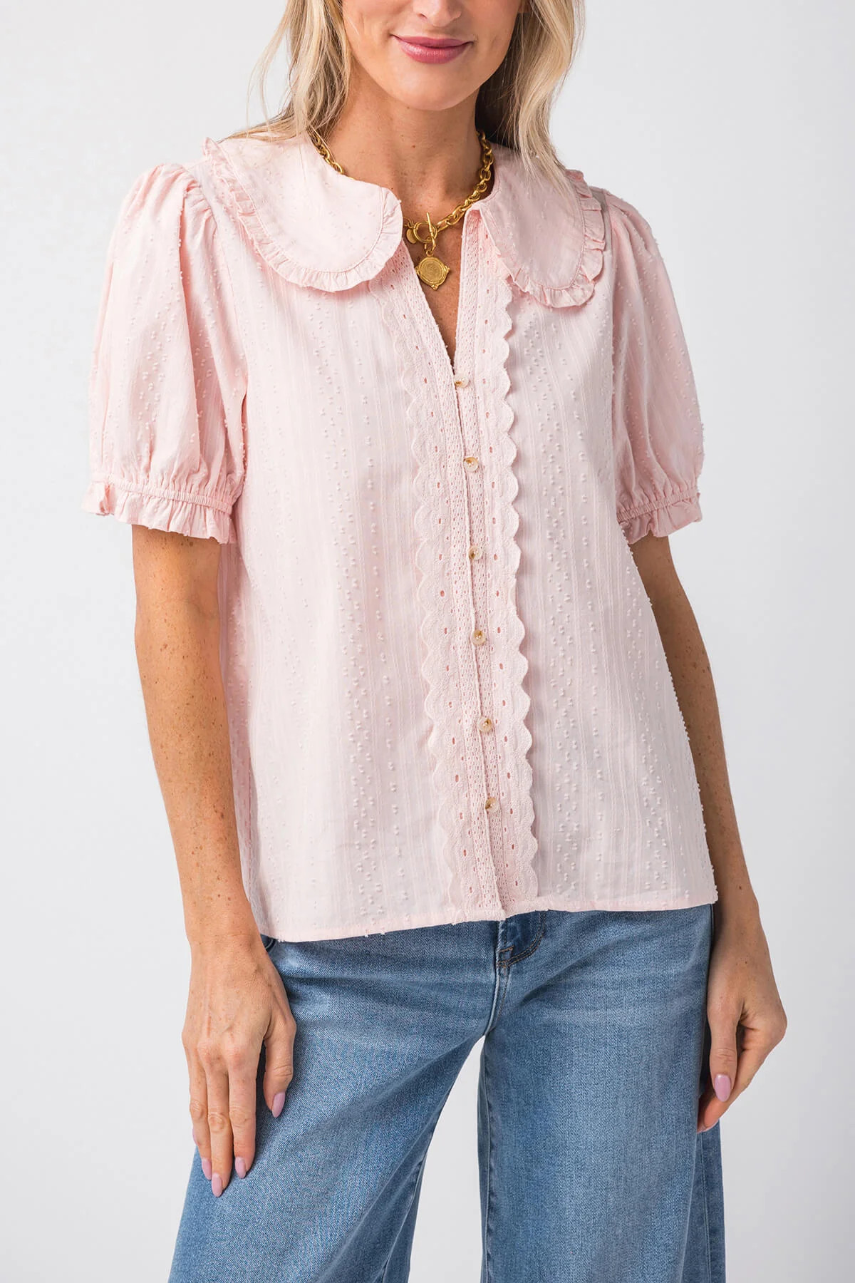 Gigio Short Puff Sleeve Blouse with Peter Pan Collar | Social Threads