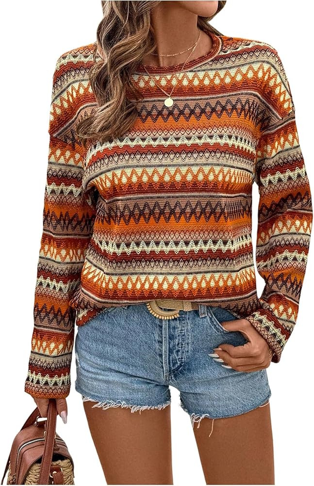 SOLY HUX Women's Long Sleeve T Shirt Boho Chevron Print Crew Neck Drop Shoulder Casual Fall Tops | Amazon (US)