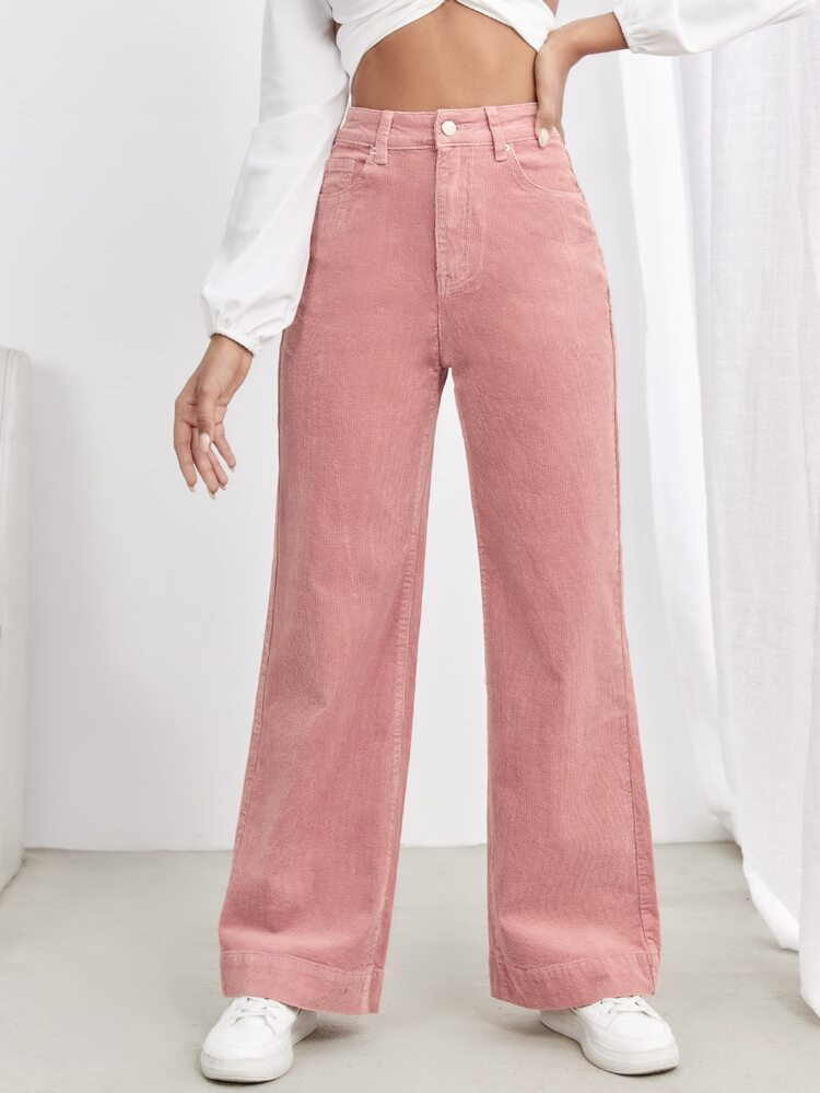 High Waist Slant Pocket Cord Pants | SHEIN