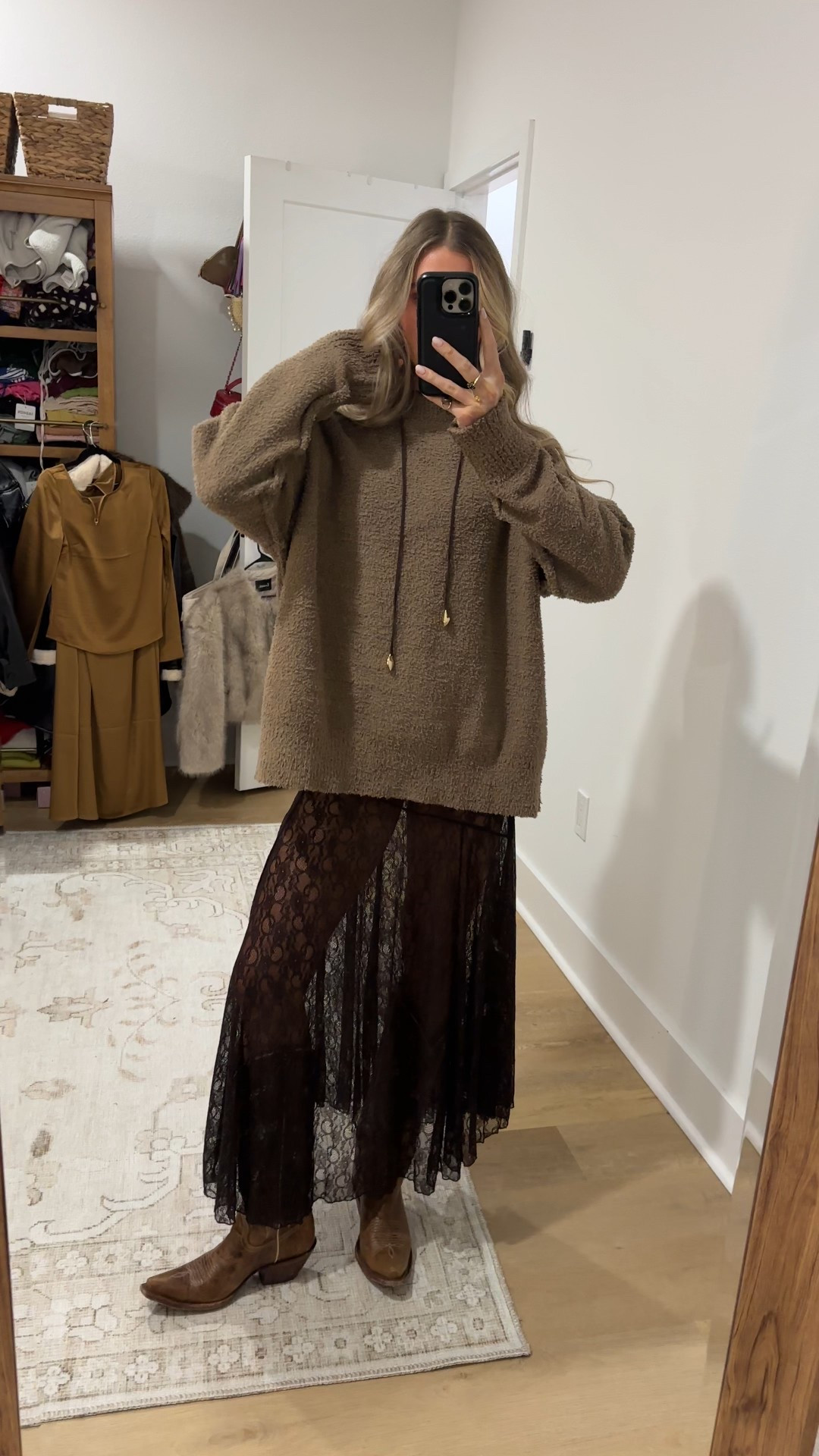 Friday night winter style. My Amazon sweater size small Beaully Women's Oversized Long Sleeve Crewneck Fuzzy Knit Warm Sweaters Fall Pullover Sweater Tops. My fashion pass brown lace maxi skirt size XS  