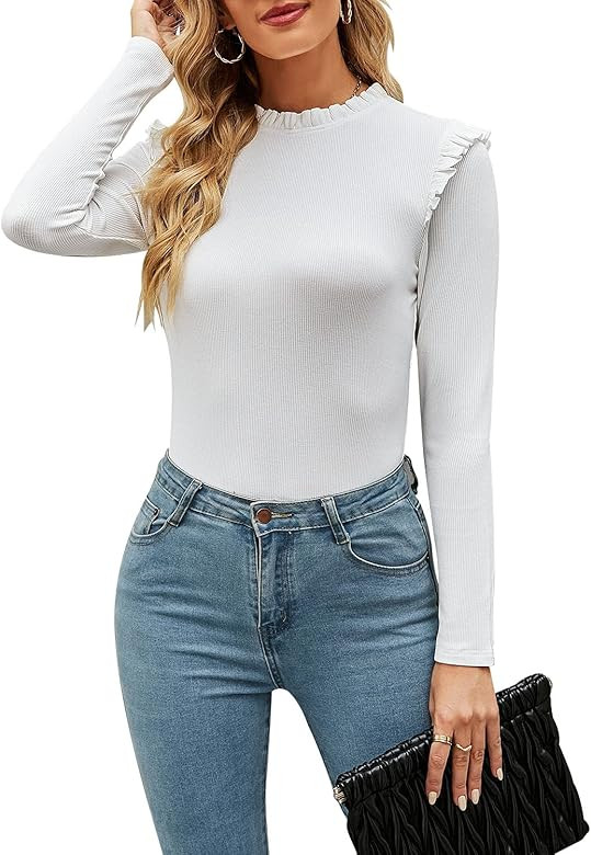 Womens Long Sleeve Bodysuits Stand Collar Slim Fit Frilled Ruffles Shoulder Ribbed Leotards Tops | Amazon (US)