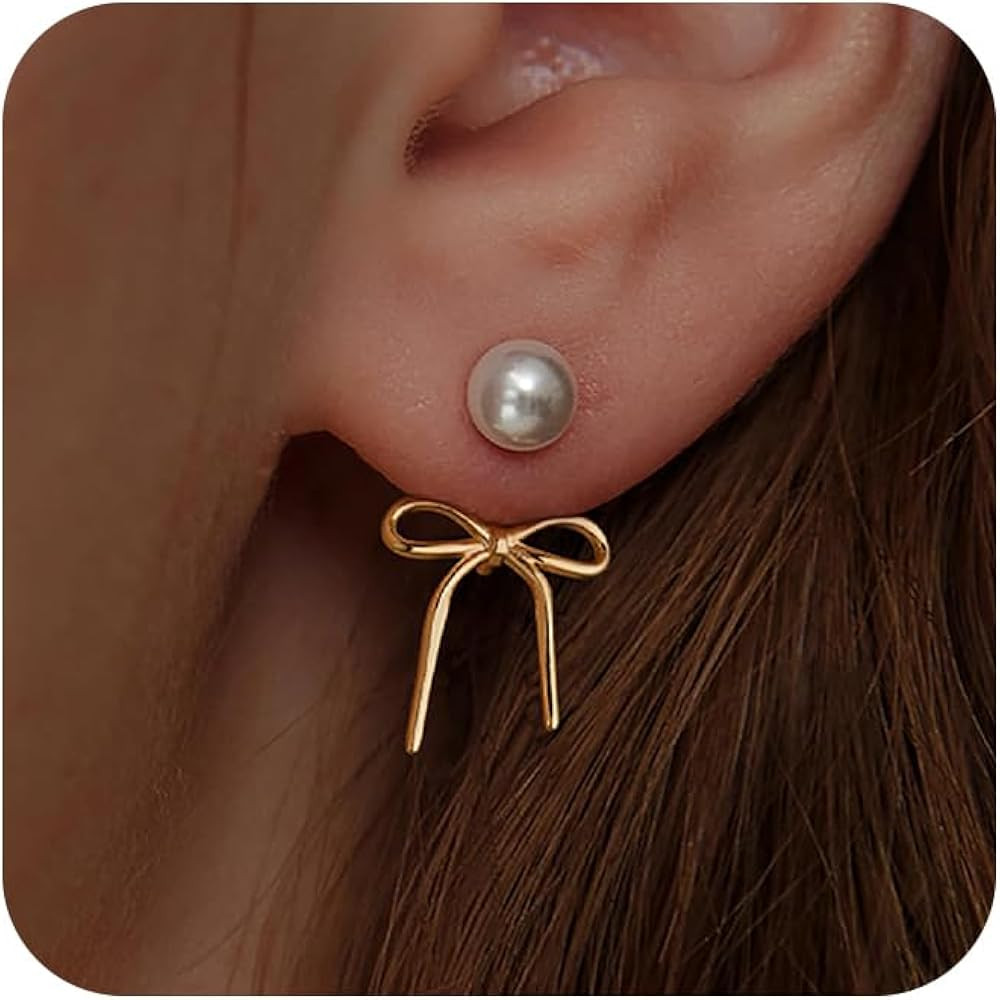 Risamil 14K Gold Plated/Silver Earrings for Women Trendy, Dainty Bow Earrings for Women Cute Pear... | Amazon (US)