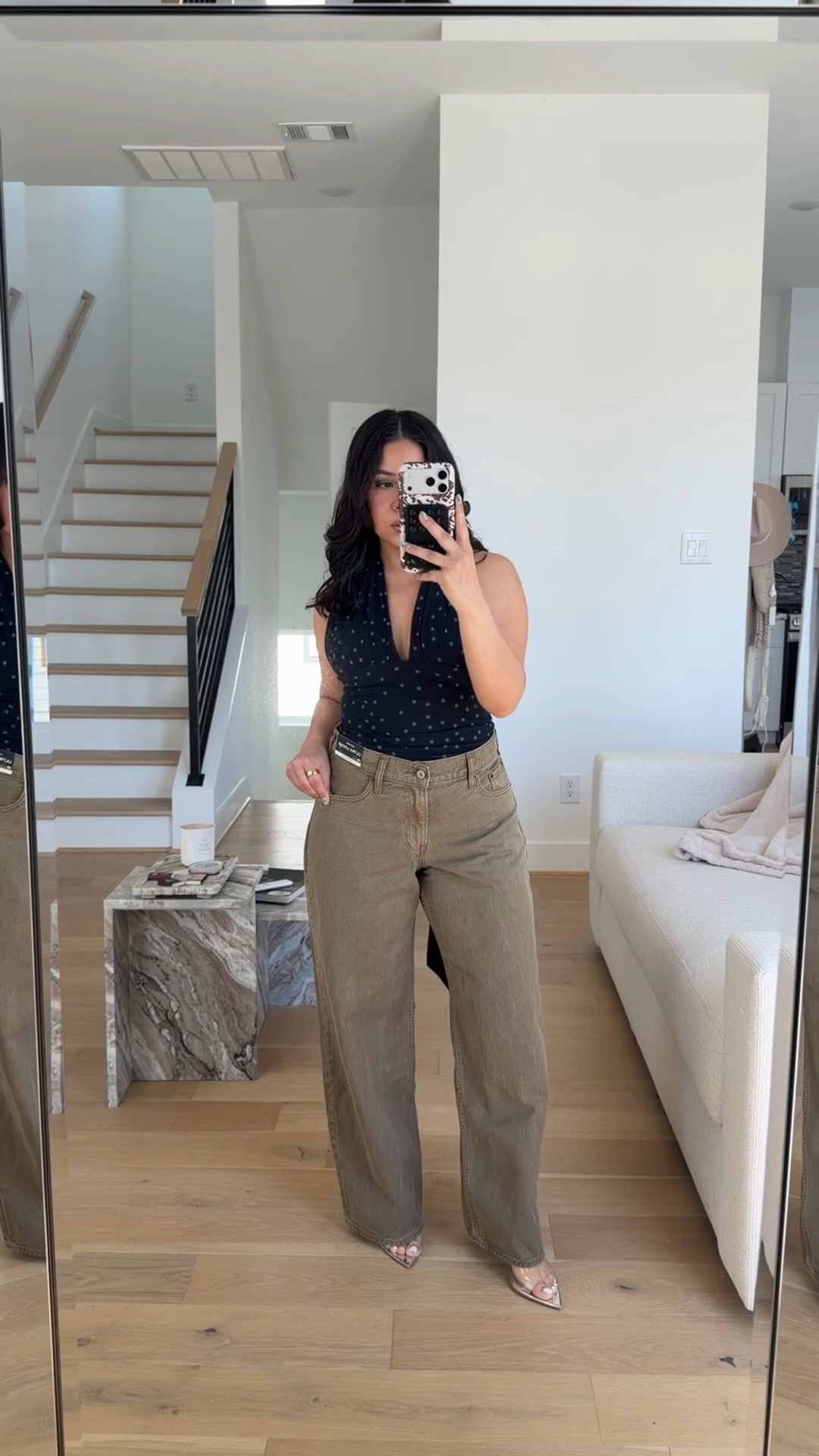 Outfit one 
Brown loose jeans: 26 short 
Polka dot halter top: small

Clear heels: 7

Outfit two 
Ribbed tank: small
Active jacket: xs 
Light was shorts: 26 
Sneakers: 6.5 women 

Outfit three 
Yellow top: 4 
Beige jeans: 26 short 

Outfit four 
Pink lace cami: small
Light wash jeans: 26 

Outfit five 
Patchwork jeans: 26 

White socks 
Nano speedy bag

#LTKootd #LTKSaleAlert #LTKPetite