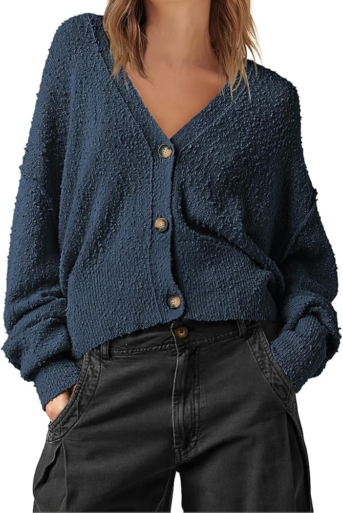 MEROKEETY Womens Cropped Long Sleeve Button Open Front Sweater Oversized Knit Cardigan Outwear Co... | Amazon (US)