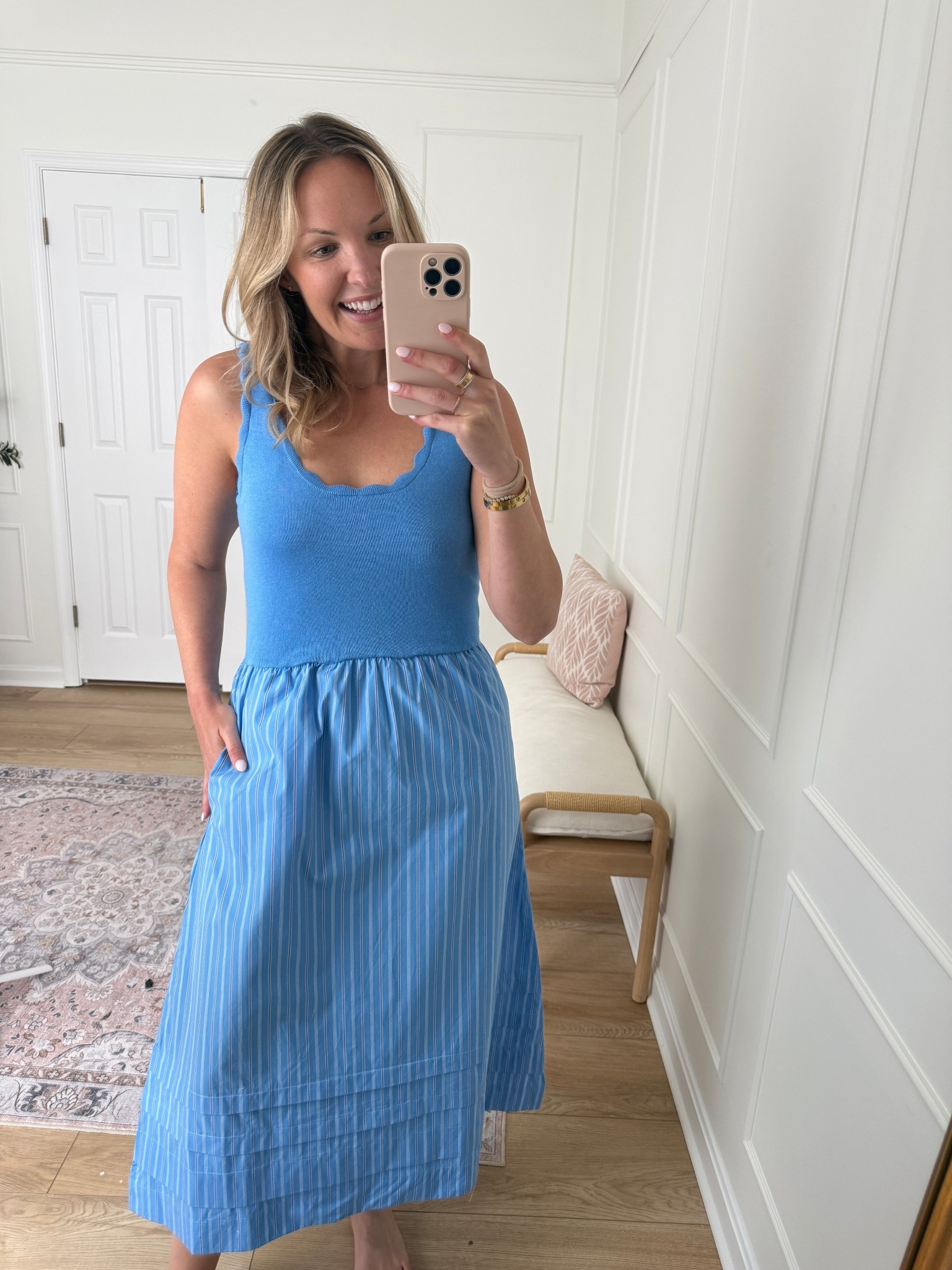 Mixed media dress, love the lightweight sweater top with scallop detail around the trim! Such a great elevated summer dress - I’m wearing a med