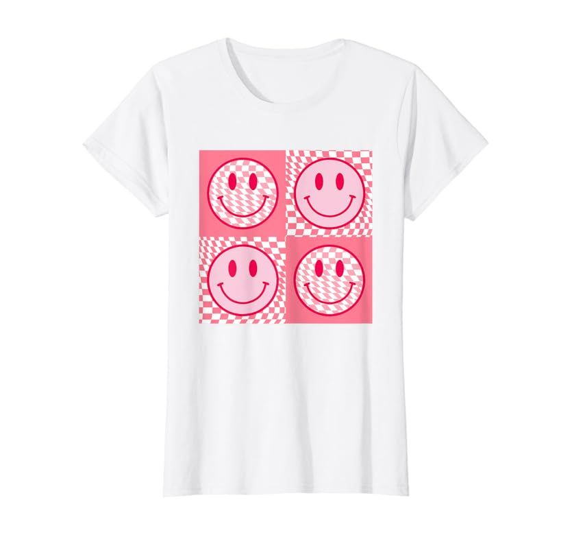 Funny Pink Smile Face shirts Checkered Pattern Smile Face T-Shirt | Amazon (US)