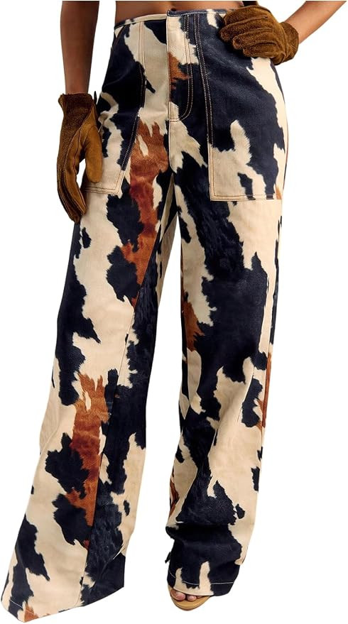 Floerns Women's Western Cow Print Wide Leg Denim Pants Casual Y2k Trousers | Amazon (US)