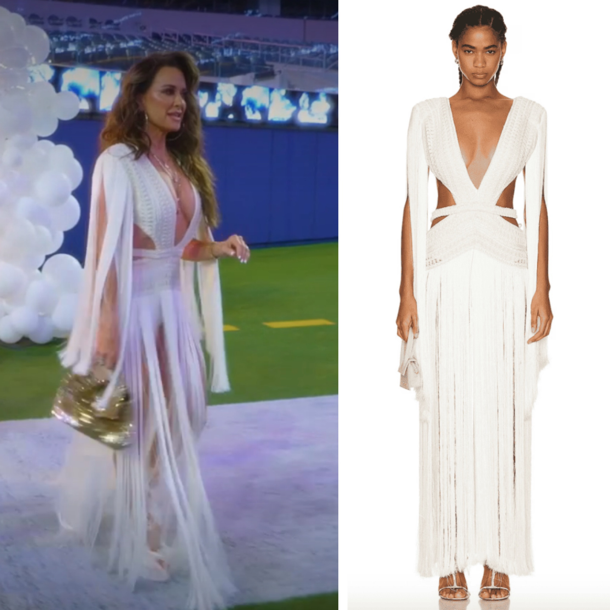Kyle Richards’ White Fringe Cutout Dress at her White Party