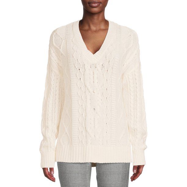 Time and Tru Women’s Cable Sweater with V-Neck | Walmart (US)