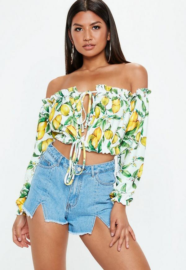 White Lemon Print Tie Front Bardot Crop Top | Missguided (US & CA)