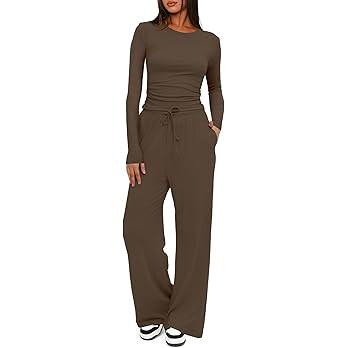 Darong Women's 2 Piece Outfits Lounge Sets 2026 Long Sleeve Tops Wide Leg Pants Casual Matching S... | Amazon (US)
