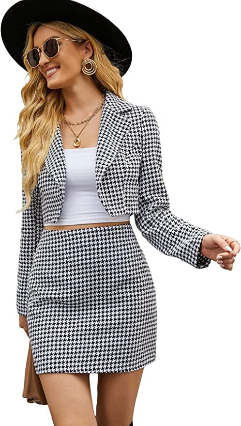 MakeMeChic Women's 2 Piece Outfits Houndstooth Cropped Blazer Jacket and Mini Skirt Set | Amazon (US)