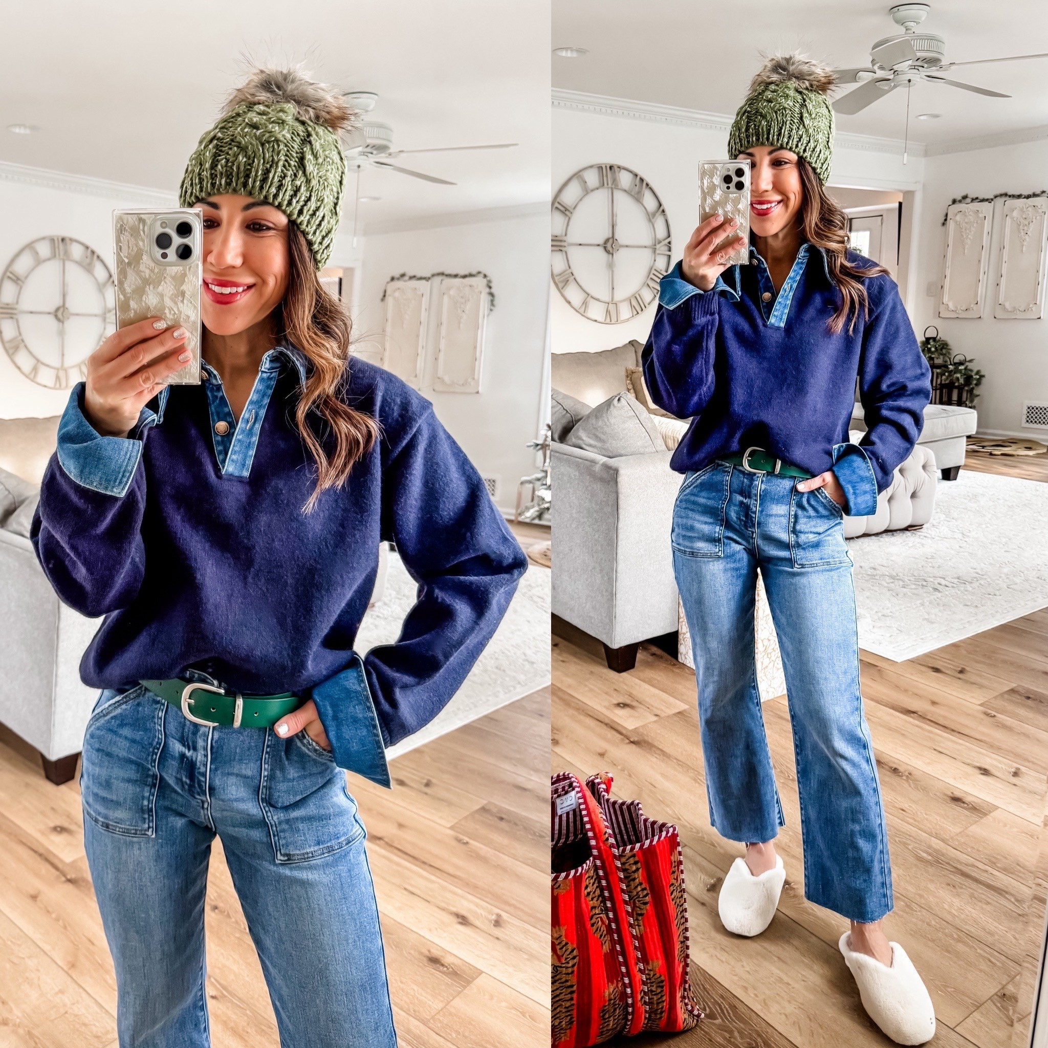 Sweater small, jeans 25. I cut them. Faux fur slides TTS. Green leather belt XS. Beanie and bag 30% off in cart.

#LTKFindsUnder50 #LTKFindsUnder100 #LTKSaleAlert