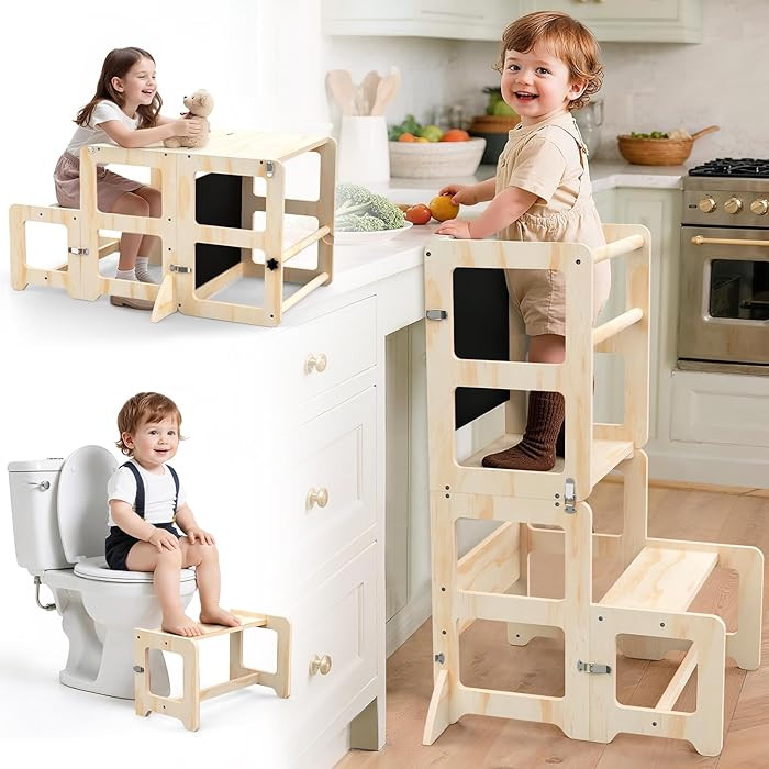 Toddler Kitchen Step Stool, 4-in-1 Foldable Standing Tower with Blackboard, Toddler Step Stool fo... | Amazon (US)
