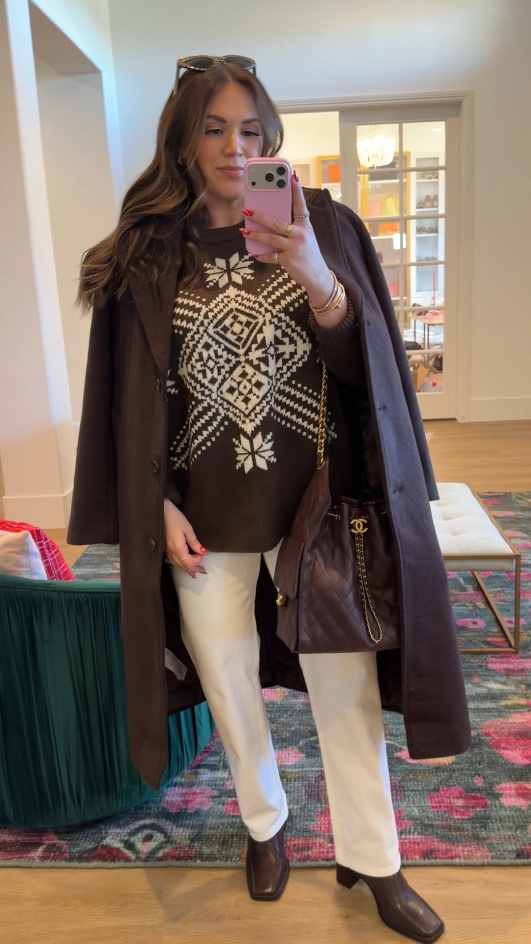 curvy midsize chocolate brown and white winter look! wearing size large in brown fairisle sweater, size large in brown wool coat, and size 30 white denim 

#LTKSeasonal #LTKMidsize #LTKFindsUnder100