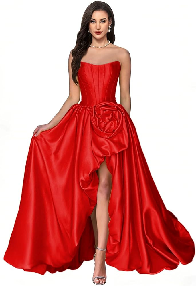 SHSUREVE Women's Strapless Satin Corset Prom Dresses 3D Rose A-Line Long Ball Gowns with Slit For... | Amazon (US)