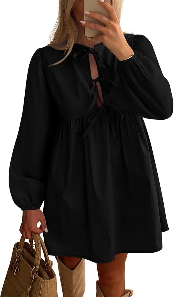 BTFBM Women's Casual Short Dress 2025 Bow Tie Front Puff Long Sleeve Button A Line Cute Y2K Going... | Amazon (US)