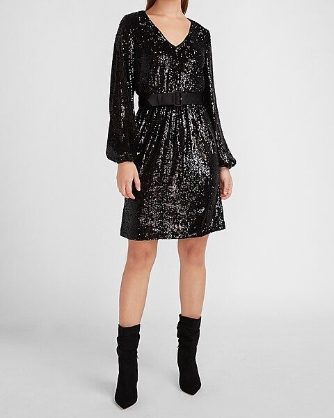 Sequin Belted Balloon Sleeve Dress | Express