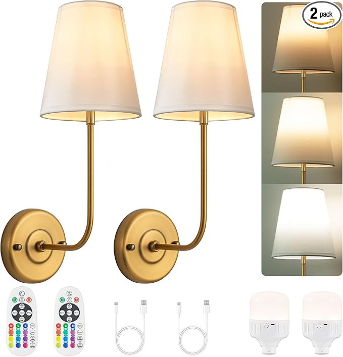 PASSICA DECOR Battery Operated Wall Sconces Set of 2 Two No Wiring Lamps with Dimmable Remoted Co... | Amazon (US)