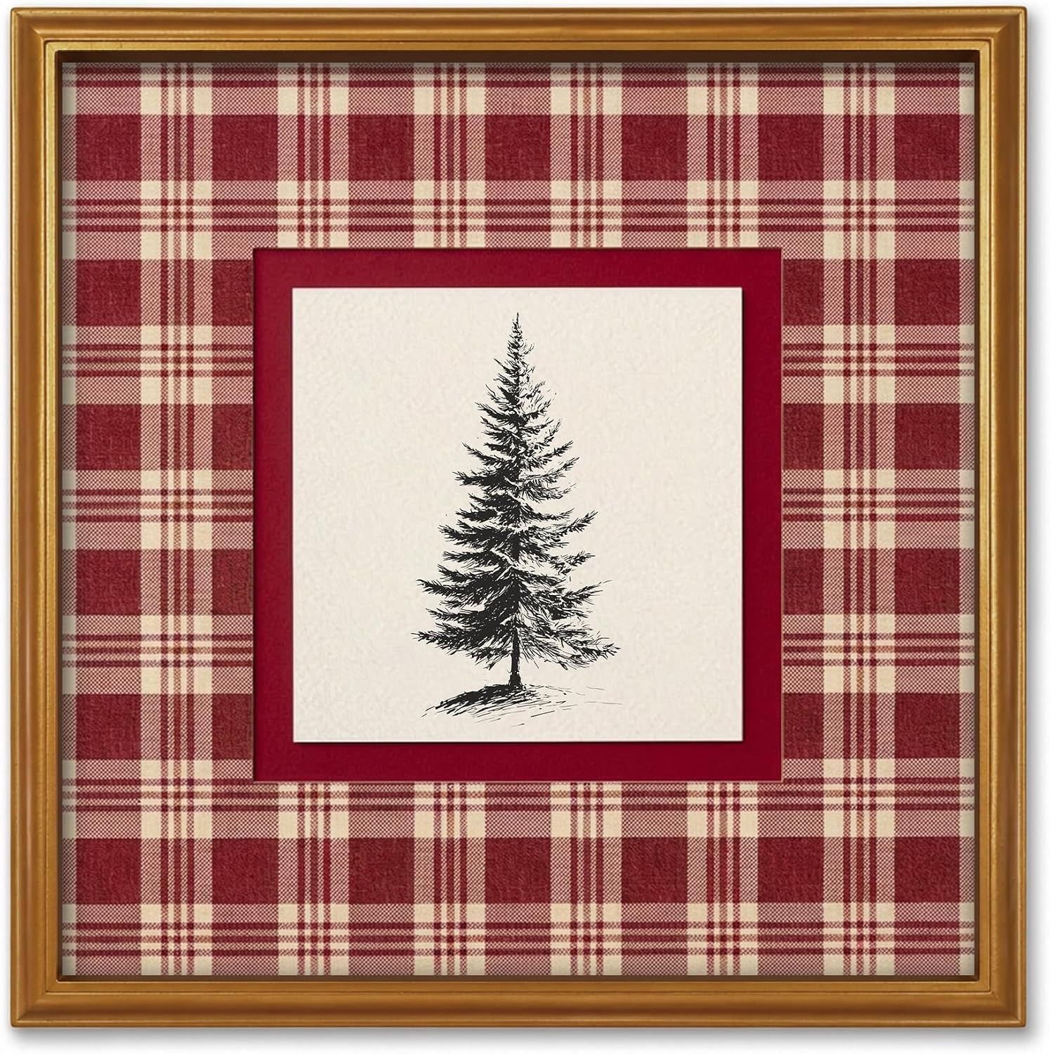 TwoDays Vintage Christmas Wall Art, Red Plaid Pine Tree Gold Framed Print | Amazon (US)