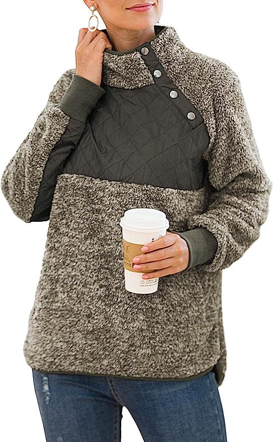 VIISHOW Women's Long Sleeves Quilt Coat Turtleneck Oblique Button Neck Sherpa Fleece Pullover Swe... | Amazon (US)