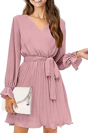 PRETTYGARDEN Women's Casual Spring Dresses Long Puff Sleeve V Neck Pleated Ruffle Flowy Belted Dr... | Amazon (US)