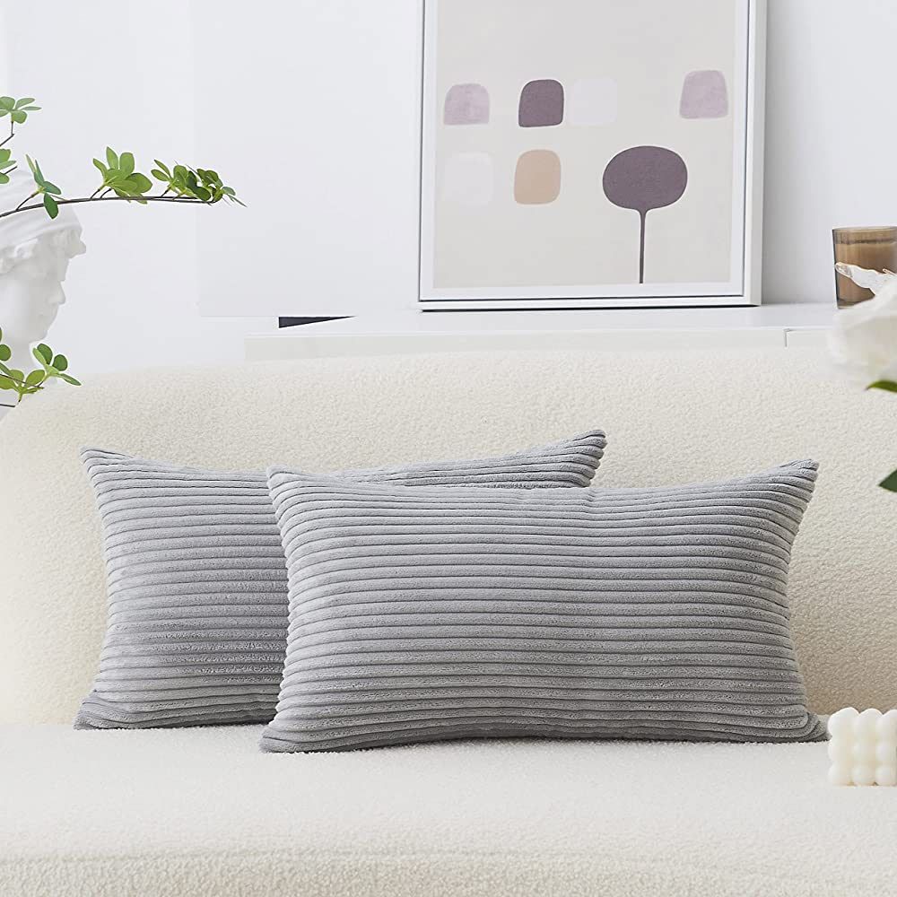 Home Brilliant 12x20 Lumbar Pillow Covers Set of 2 Plush Velvet Corduroy Striped Rectangular Thro... | Amazon (US)