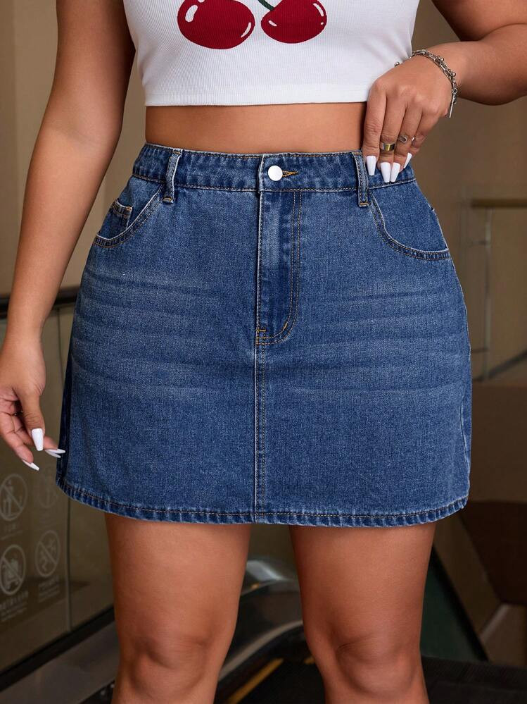 SHEIN CURVE+ Plus Size Women Denim Mini Skirt, Fashionable And Sexy Sundress | SHEIN