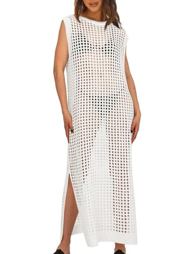 Saodimallsu Womens Crochet Swimsuit Coverup Summer Sleeveless Hollow Out Knit Crewneck Side Split... | Amazon (US)