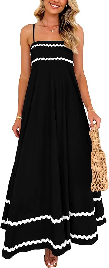 PRETTYGARDEN Women's 2025 Summer Flowy Maxi Dress Casual Sleeveless Spaghetti Strap Ruffle Beach ... | Amazon (US)