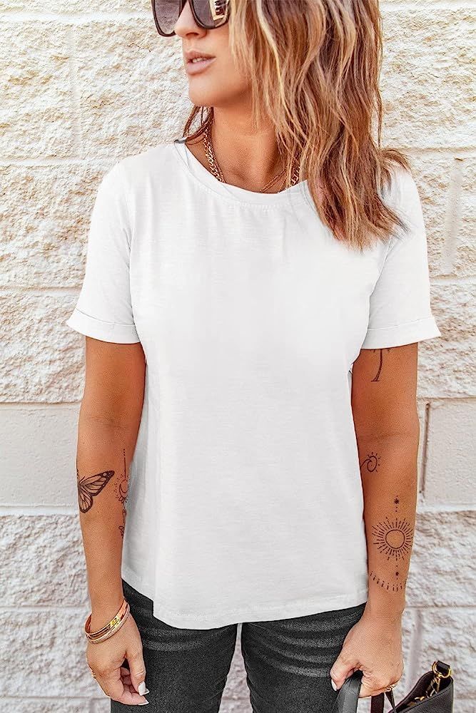 Women Summer Casual Short Sleeve Tee Shirt Tops Crew Neck Tshirts T Shirt Femme | Amazon (US)