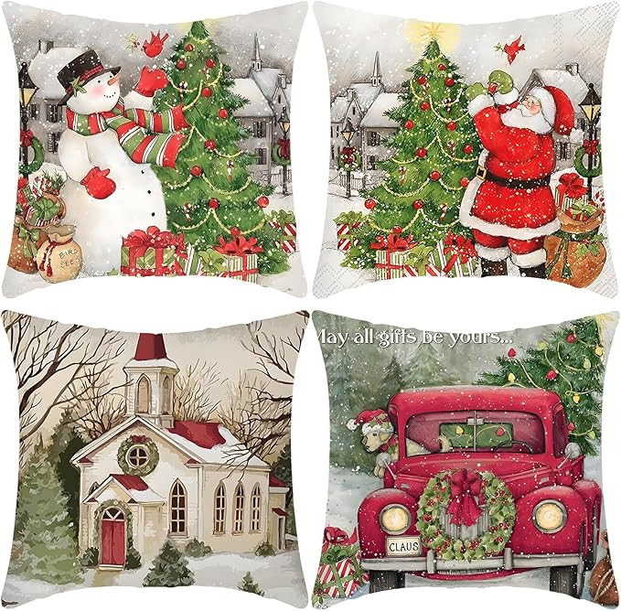 18 x 18Inches Christmas Decorations Christmas Pillow Covers Set of 4, Decorative Retro Xmas Santa... | Amazon (US)