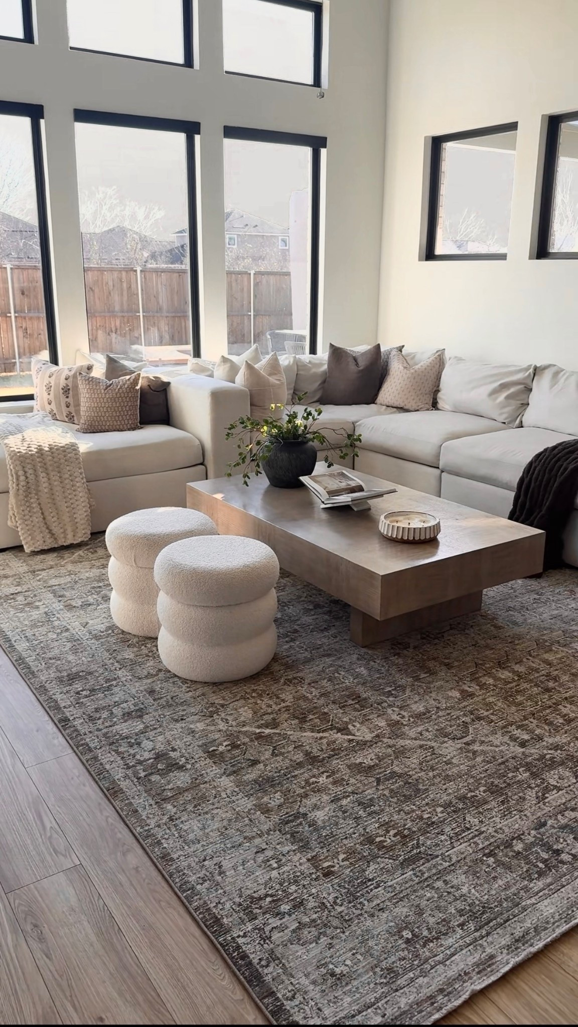 Neutral modern living room, English modern, organic modern, white sectional, neutral area rug