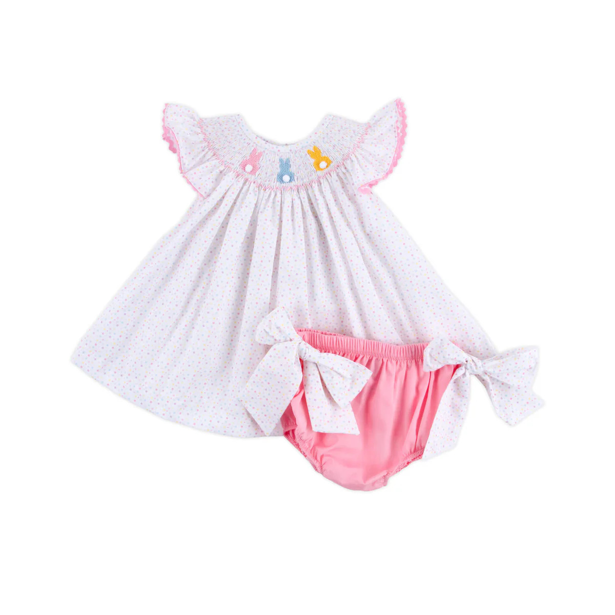 Rainbow Peeps Smocked Multi Polka Dot Angel Sleeve Bloomer Set | Classic Whimsy