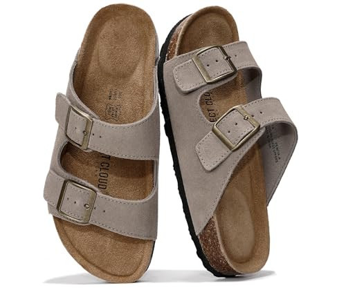 Project Cloud 100% Genuine Leather Flat Sandals For Women 2026 Cork Footbed Womens Sandals with Memory Foam and arch support Vacation Essentials Slides for Women Footwear (VenitaWD,GREYSU,9) | Amazon (US)