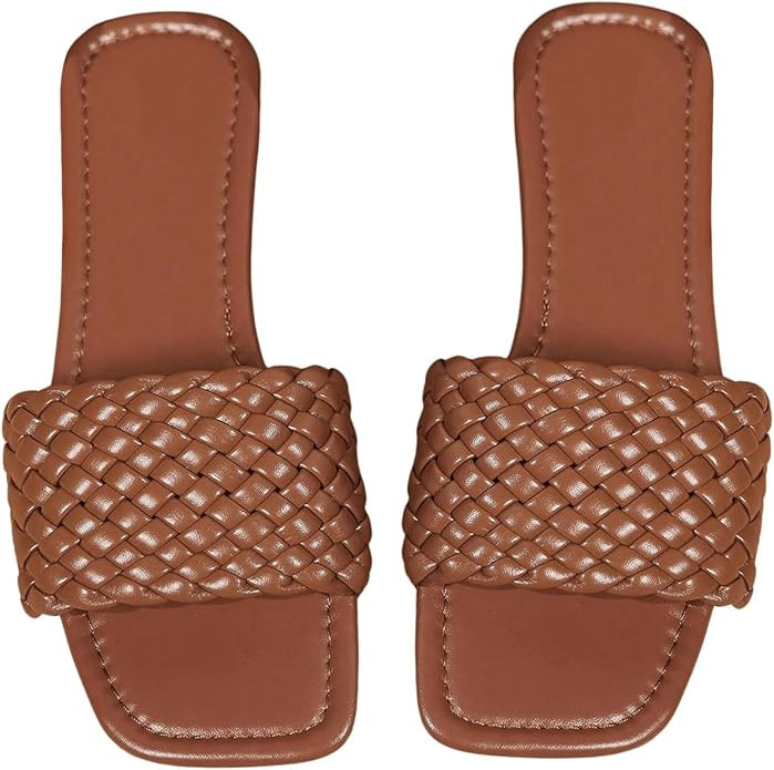 GORGLITTER Women's Braided Single Band Flats Square Open Toe Pu Leather Slide Sandals | Amazon (US)