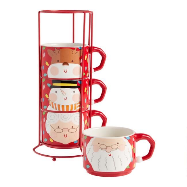 Red Holiday Icon Stacking Mugs with Rack 4 Piece Set | World Market