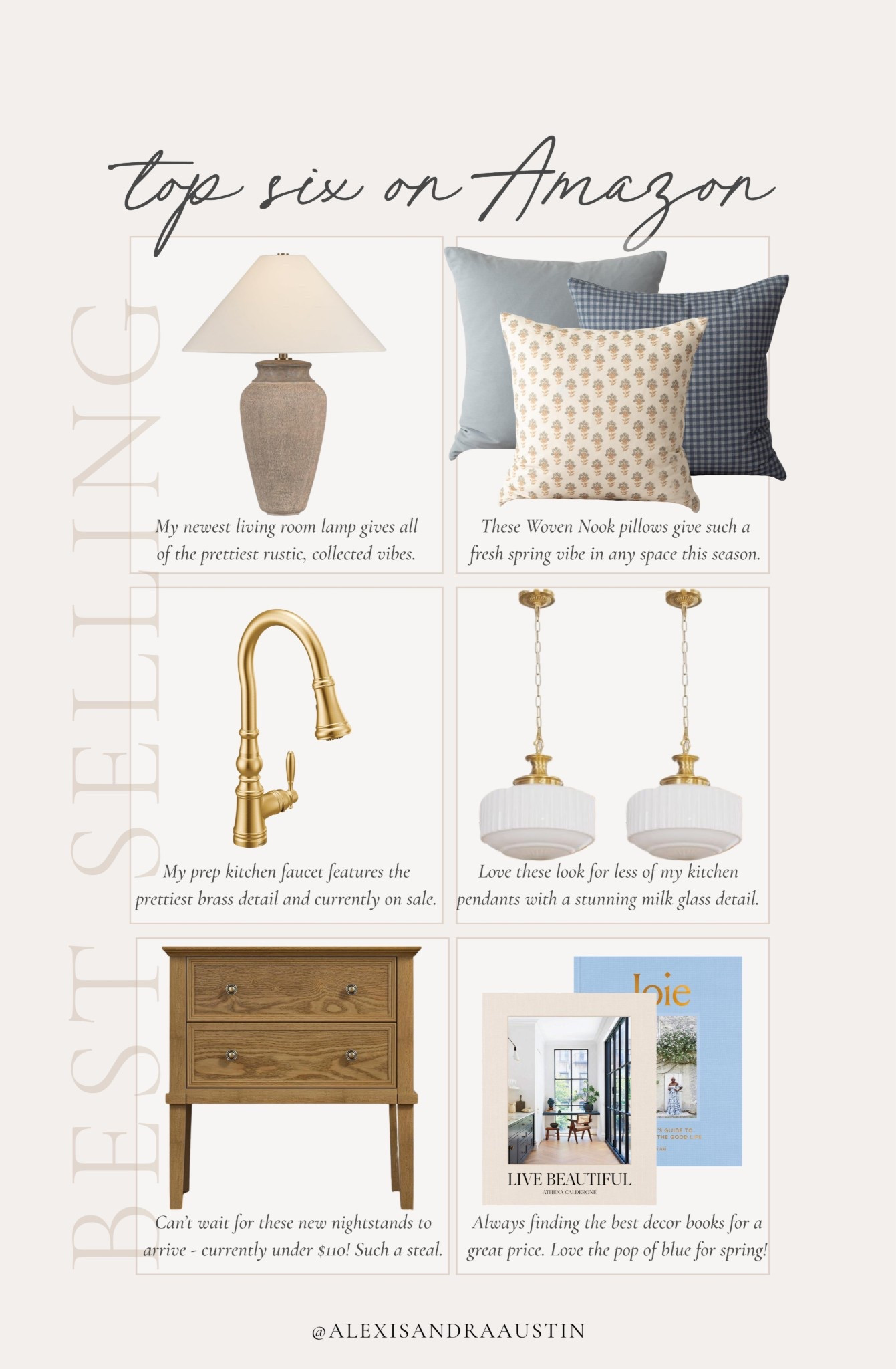 This week’s top six best selling items on Amazon! From tried and true favorites, to some of my newest home finds and look for less details — find all of my favorite spring inspo here.

Home finds, neutral home inspo, found it on Amazon, best sellers, home favorites, furniture favorites, neutral wood tones, table lamp, spring refresh, collected style, nightstand details, look for less, kitchen pendants, neutral decor book, pops of blue, Woven Nook, Troy Lighting, Moen, shop the look!

#LTKHome #LTKSeasonal