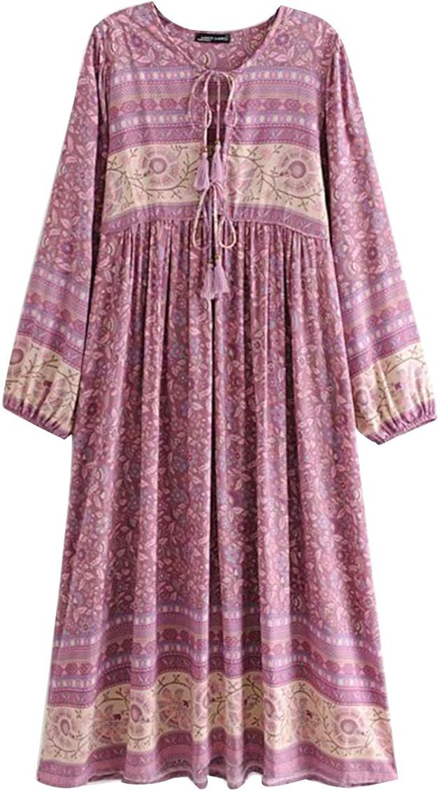 Unifizz Women's Floral Printed Long Sleeve Retro V Neck Tassel Bohemian Midi Dresses | Amazon (US)