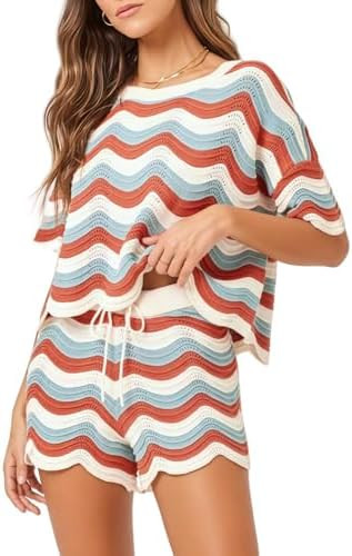 2 Piece Sets for Women Short Sleeve Striepd Crochet Cover Up Tied Shorts Beach Clothes | Amazon (US)