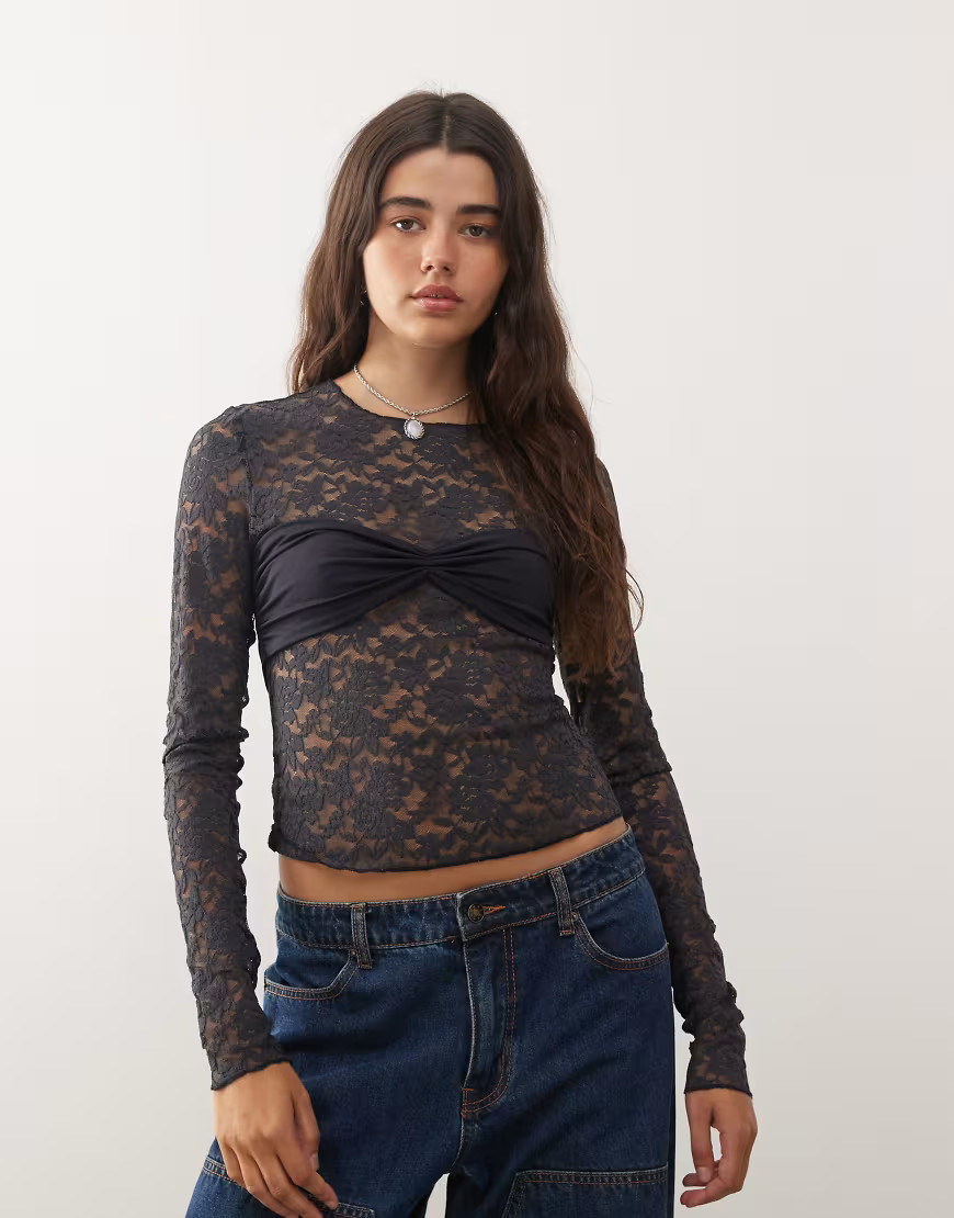 Lioness Midnight long sleeve sheer lace top in black | ASOS (Global)